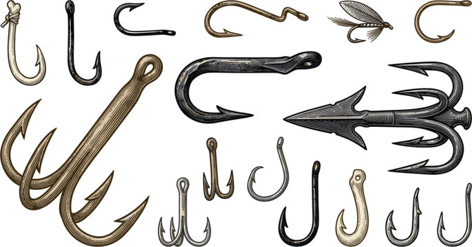 Vintage Fishing Hook Vector Set Featuring Hand Drawn Treble Hooks, Fly Fishing Lures, Harpoon Spearheads, and Antique Tackle Equipment for Outdoor Sport Designs