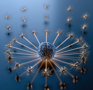 Blue human brain at center with radiating spokes connecting to floating neural-like structures in an abstract conceptual network design on dark background