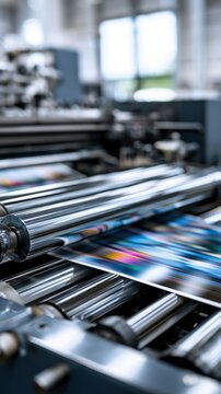 Industrial printing machine producing vibrant color prints on glossy paper sheets inside a factory with metallic rollers in motion