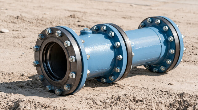 A large blue industrial water-pipe fitting with heavy steel flanges and bolts lies at a city utility repair site, bright daylight, clean construction ground and detailed municipal network