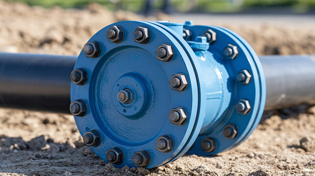 A large blue industrial water-pipe fitting with heavy steel flanges and bolts lies at a city utility repair site, bright daylight, clean construction ground and detailed municipal network