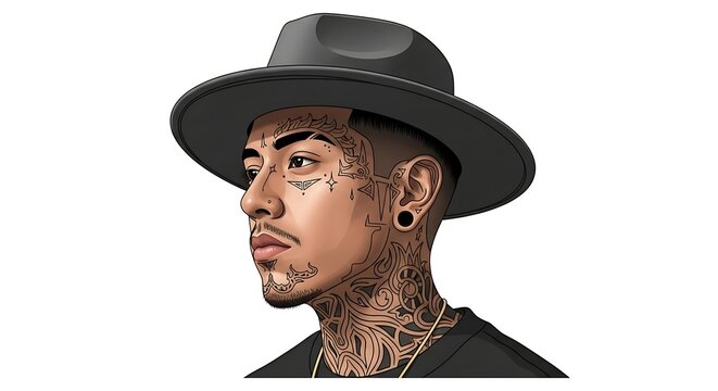 Chicano art style vector illustration of a tattooed man in fedora