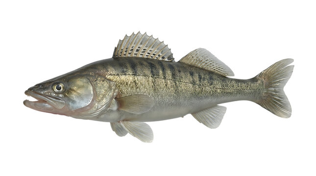 A side profile view of a zander fish swimming, showing detailed scales, fins, and eyes, isolated on a solid , for scientific study isolated on a transparent background