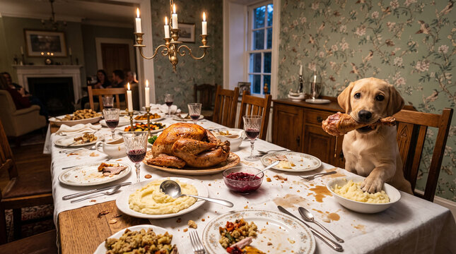 Mischievous dog stealing turkey and mashed potatoes from thanksgiving dinner table
