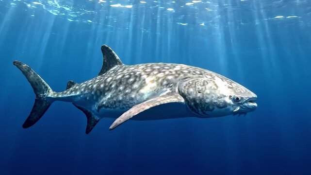 Close-Up Majestic Pelagic Life with the Giant and Rare Sunfish Mola Mola Swimming Near the Sunlit Water Surface