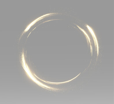 Sparkling golden circular trail with glowing light and fire particles, elegant magic ring isolated for festive overlay composition