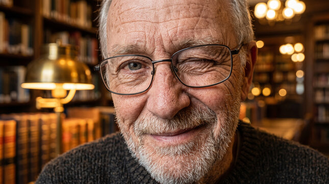 Senior man winking with glasses in cozy library setting portrait