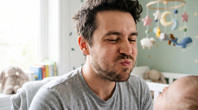 A father makes a funny face at his baby in the nursery.