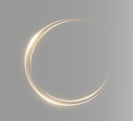Bright golden energy ring formed by curved glowing streaks and sparks, circular magic portal isolated as a luminous overlay effect PNG © Alehandro