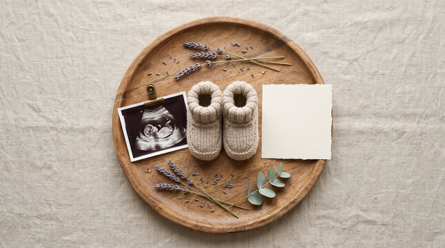 Ultrasound photo with knitted baby booties and blank card on wooden tray flat lay