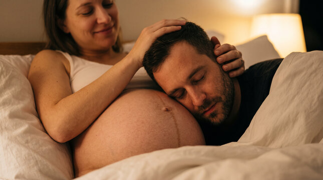Loving husband resting head on pregnant wife belly while lying together in cozy bed