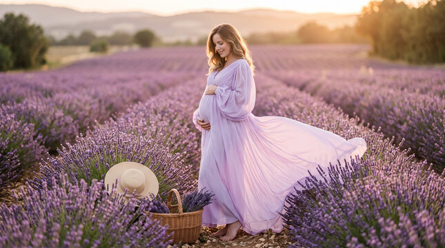 Pregnant woman in flowing lavender dress standing in blooming purple field at sunset