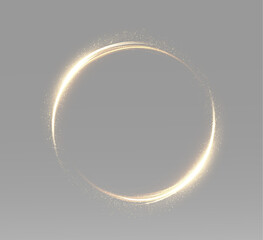 Bright golden energy ring formed by curved glowing streaks and sparks, circular magic portal isolated as a luminous overlay effect PNG © Alehandro