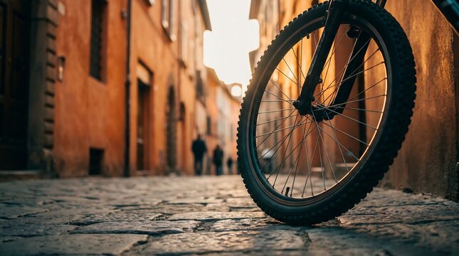 Old Cobblestone Street with Bicycle Wheel Close Up, Narrow Alley Between Historic European-Style Buildings, Rustic Travel and Architecture Background