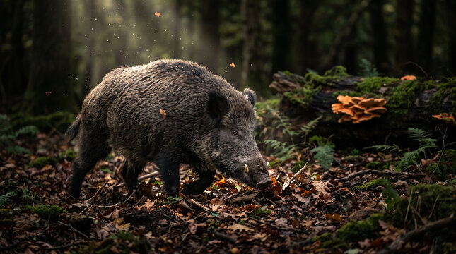 Wild boar walking on autumn forest floor near mossy log with orange fungi