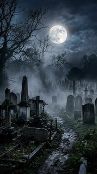Haunted cemetery path under a full moon with bare trees, mist, tombstones, crosses, and eerie Halloween night scenery