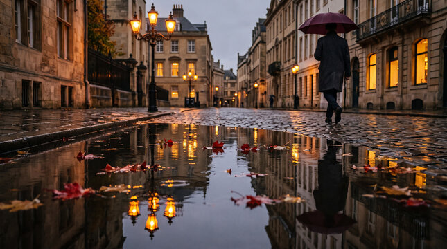 Person with red umbrella walking on rainy cobblestone street with autumn leaves reflection