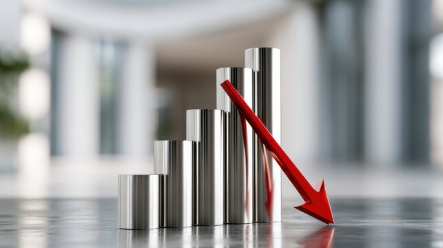 Shiny metallic bar graph with a bold red arrow pointing downward symbolizing decline and negative business growth in a modern office environment