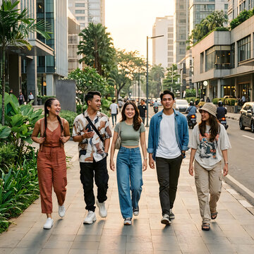 Group of friends walking urban street together