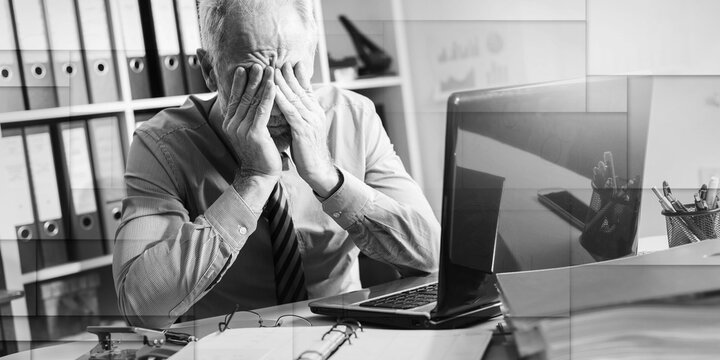Tired businessman with headache, light effect, geometric pattern