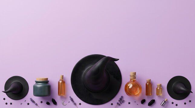 Black witch hats and magic potion bottles on a purple background for halloween