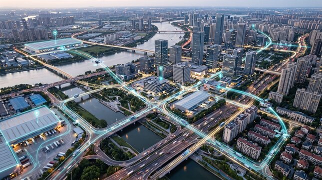 Futuristic aerial view of a smart city with glowing data streams connecting buildings roads and drones