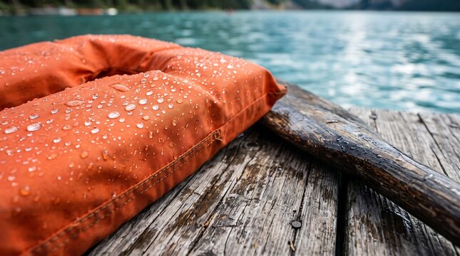 Orange life jacket on weathered wooden dock beside calm lake water with droplets, symbolizing outdoor safety, recreation, tranquility, and nature adventure near shoreline trees