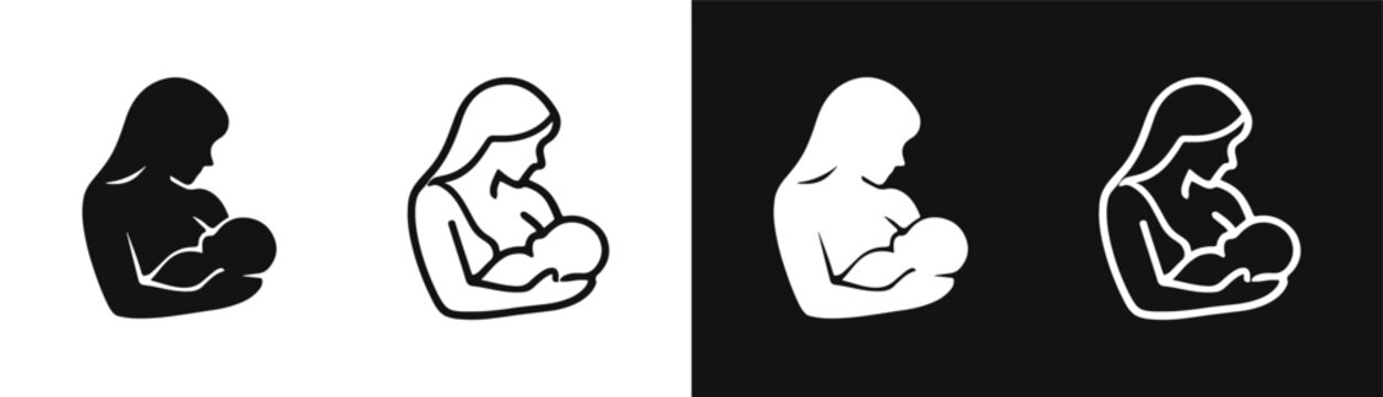 Breastfeeding icons set, mother nursing baby, motherhood and infant care
