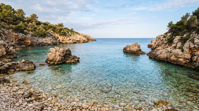 Photorealistic secluded Mediterranean cove with incredibly calm transparent blue-green seawater, rounded beige and cream stones clearly visible beneath the surface