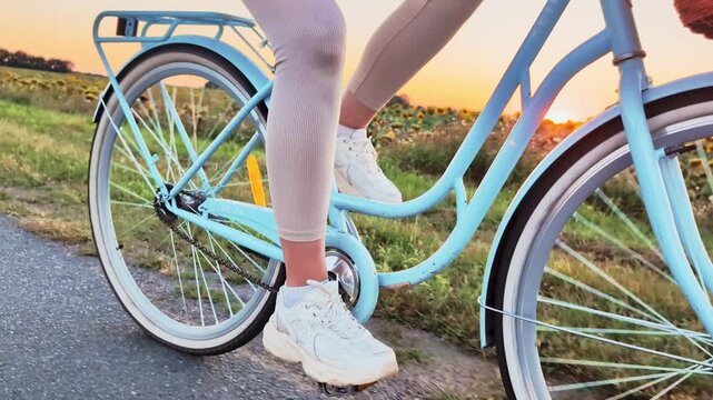 A person with white shoes pedals a blue bicycle on a paved path next to sunflower fields during sunset. The sky shows warm colors as the day ends