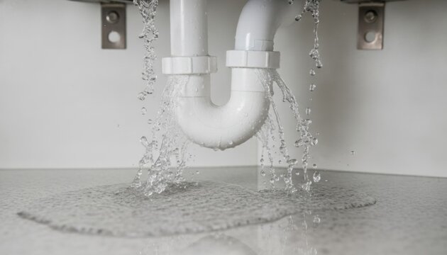 Water leaking from sink drain pipe under basin causing puddle on bathroom floor, concept of plumbing emergencies and water damage problems