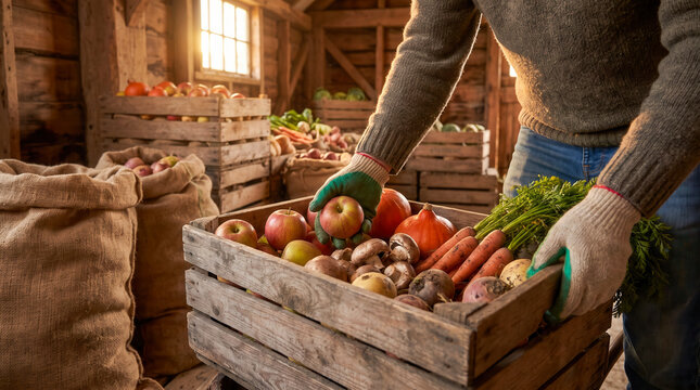 A farmer sorting fresh organic vegetables and apples in a rustic wooden barn