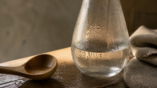 A clear glass vase holding water sits on rustic wooden planks, creating a serene and minimalist composition, perfect for wellness or home decor content
