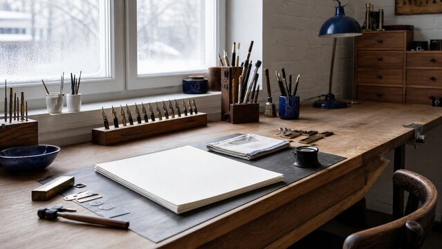 Wooden artist workbench with blank canvas, professional painting tools, brushes in holders, bright window light, creative studio workspace