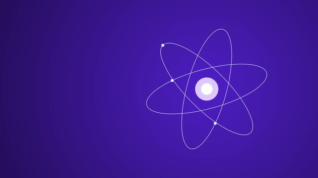 Minimalist atomic model with orbiting electrons on deep purple background, representing quantum physics, scientific innovation, and molecular research