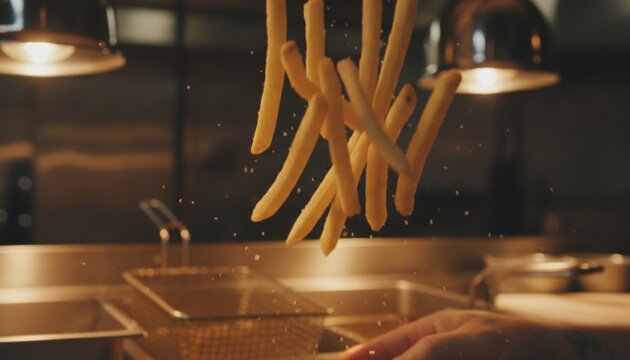 French Fries Falling in Slow Motion with Salt Sprinkles in a Professional Commercial Kitchen, concept of fresh preparation and culinary motion