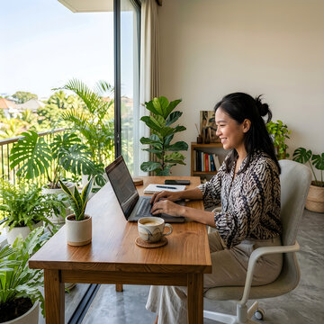 Woman working happily with laptop at modern desk