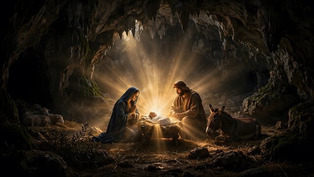 The Nativity Scene: A tender portrayal of the Holy Family in a dimly lit cave, with divine light illuminating the infant Jesus, Mary, and Joseph, alongside a donkey.