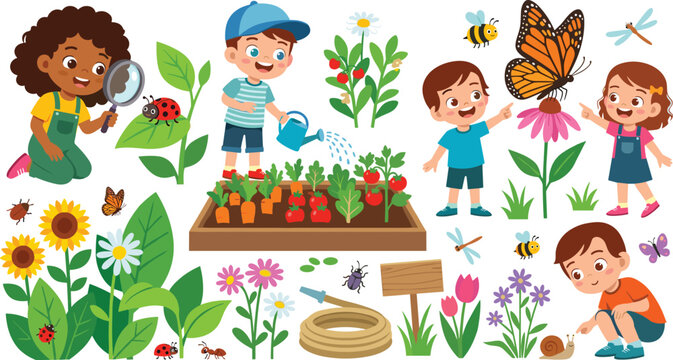 Cute kids gardening, planting, and exploring nature vector illustration set with flowers and insects