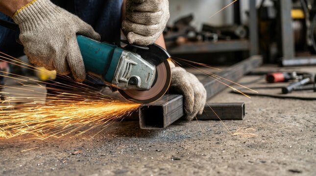 Worker using an angle grinder to cut metal pipe with bright sparks in a workshop, concept of industrial craftsmanship and manual labor