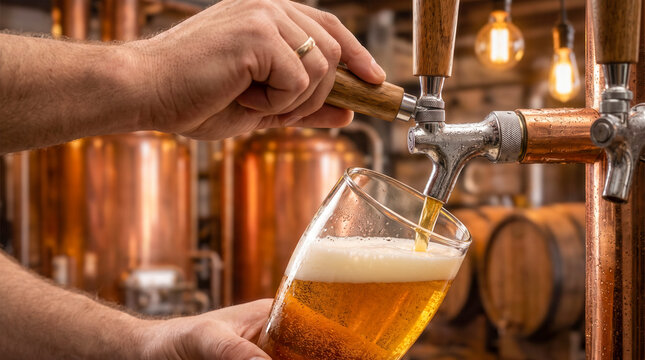 Bartender pouring a fresh glass of craft beer from a copper tap in a brewery