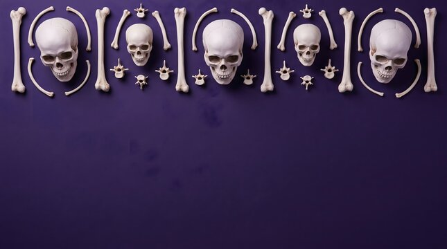 Human skulls and bones pattern on a dark purple background for halloween design
