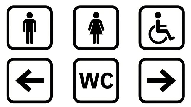 Restroom and Toilet Sign Set with Male, Female, Disabled, WC, and Directional Arrow Icons, concept of navigation and accessibility