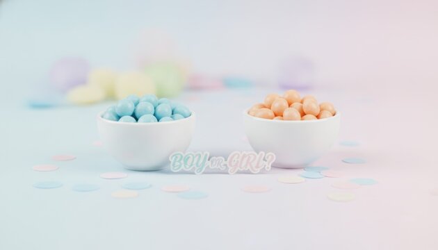 Gender Reveal Party Concept with Blue and Pink Candies in White Bowls and Boy or Girl Text, concept of gender reveal celebration and anticipation