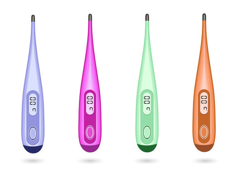 Four colorful digital thermometers in a row transparent background