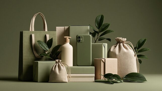 Eco-friendly green packaging and sustainable product branding mockup with shopping bag, boxes, and natural elements