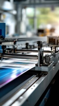 Modern industrial printing machine producing vibrant colorful sheets in a high-tech factory with blurred background and natural light streaming through windows