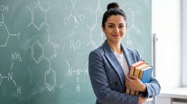 A young female chemistry teacher holding books standing in front of a green chalkboard with chemical formulas