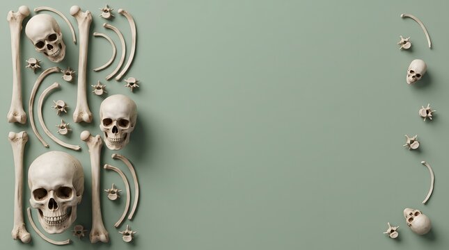 Human skulls and bones arranged in a creative border pattern on a solid grey background