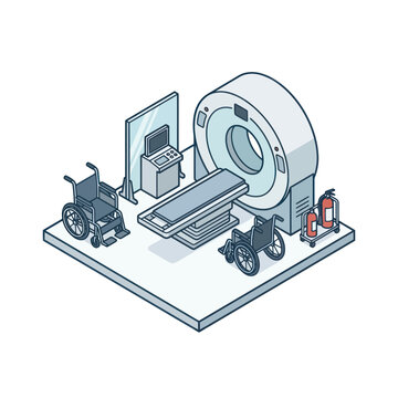Modern medical imaging room with MRI scanner and equipment.